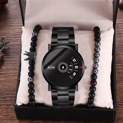 Ajándék Szett 3 részes Minimál stílusú óra Fekete számlappal és Dupla Karkötő