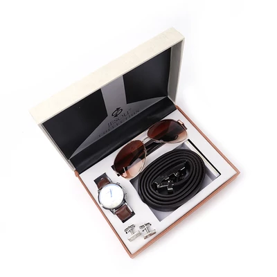 Ajándék Szett 4 részes Óra Napszemüveg Öv Mandzsettagomb Barna