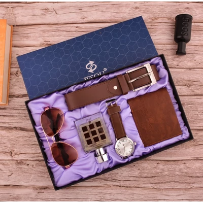 Ajándék Szett 5 Részes Pénztárca Parfüm Óra Napszemüveg Öv Barna