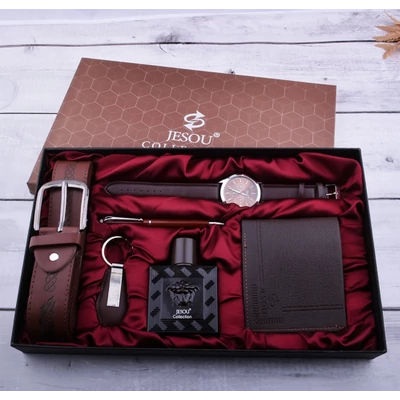 Ajándék Szett 6 Részes Pénztárca Parfüm Óra Öv Kulcstartó Toll Barna