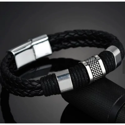 Fekete Bőr Karkötő Titán Acél Kapoccsal Fonott